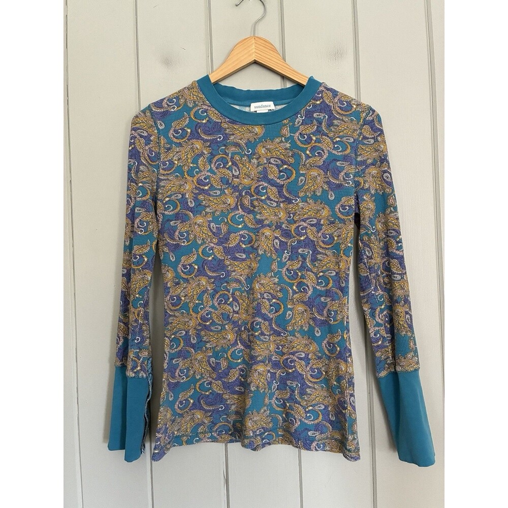 Sundance Catalog Waffle Knit Thermal Top S Small Paisley Button Cuffs Blue